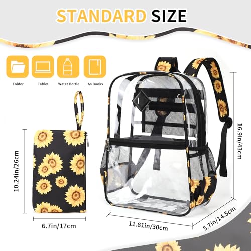 MUSEVOS Clear Backpack for School, Heavy Duty PVC Transparent Bookbag for Girls Stadium Approved See Through Backpack, Sunflowers - color: Sunflowers