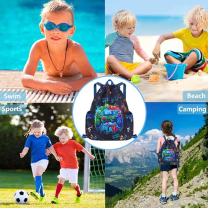 RHCPFOVR Drawstring Backpack for Kids - Game Bags for Girls Gym Dance Beach Swim Travel Bag With Two Water Bottle Holder - color: Dinosaur