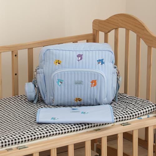 GOBABYMART Diaper Bag Backpack with Changing Pad - Travel Baby Bag, Insulated Bottle Pockets, Stroller Straps (Medium - Blue Sharks) - color: Medium - Blue Sharks