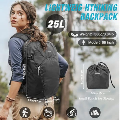 G4Free Hiking Backpack with Thickened Back Panel Packable 25L Lightweight Foldable Travel Daypack for Men Women(Black) - color: Black