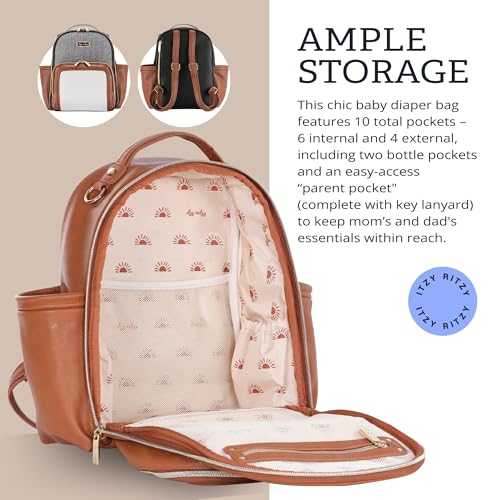 Itzy Ritzy Mini Diaper Bag Backpack – Chic, Compact Mini Plus Backpack with Changing Pad, 10 Pockets (6 Internal, 4 External), Grab-Top Handle & Rubber Feet (Cognac) - color: Cognac