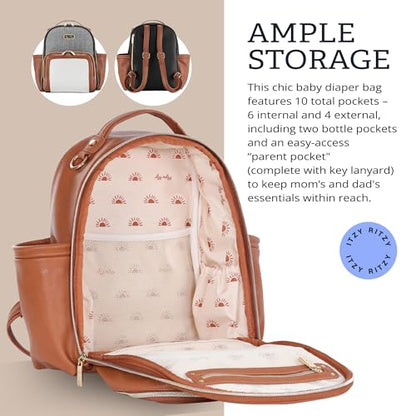 Itzy Ritzy Mini Diaper Bag Backpack – Chic, Compact Mini Plus Backpack with Changing Pad, 10 Pockets (6 Internal, 4 External), Grab-Top Handle & Rubber Feet (Cognac) - color: Cognac