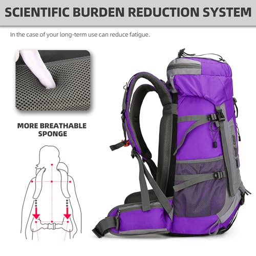 King'sGuard 60L Hiking Backpack for Men and Women Lightweight Camping Hiking Backpack with Rain Cover Large Waterproof Travel Backpack Backpacking Pack (Purple) - color: Purple