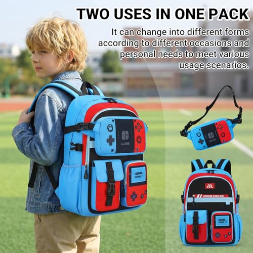 TILYTADLY 2‑IN‑1 School Backpack for Boys - Gamer Backpack for Boys with Waist Bag, 18″ Large Capacity Students Bag for Kids Children Teens Elementary Middle School - color: Red-blue Backpack Only