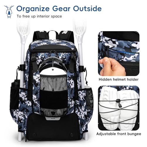 KAVIGOR Lacrosse Bag 65L, Extra Large Lacrosse Gear Backpack with Multi-Pocket Design, Helmet Holder & Ventilated Shoe Compartment - color: Camo Blue