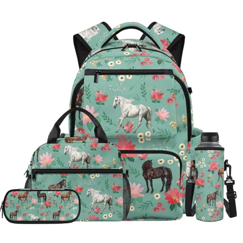 Floral Horse Backpack for Girls Kids School Backpack with Lunch Box Water Bottle Carrier and Zipper Pencil Case 4PCS Set Cute Backpacks for Girls Back to School Supplies for Kindergarten - color: Floral Horse