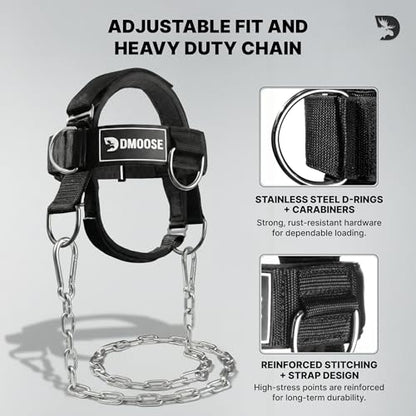 DMoose Fitness Neck Harness for Weight Lifting - Soft Padded Head & Chin Strap with 30" Heavy Duty Steel Chain - Neck Exerciser, Trainer & Strengthener to Support Injury Recovery and Intense Workouts - color: Black Plus