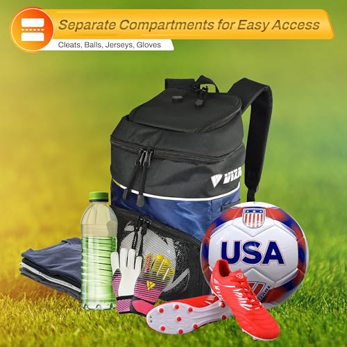 Vizari Soccer Backpack Soccer Bag | Water resistant Durable Equipment Bag for Football, Basketball, Volleyball | Cleats and Ball Compartment - Red,Blue,Black - color: NAVY