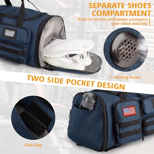 Expandable Gym Bag For Men,Tactical Large 3 in 1 Sports Duffle Bag With Shoes Compartment,Water Resistant Sports Gym Tote Bags Multi-functional Weekend Travel Backpack Overnight Bag - color: Blue