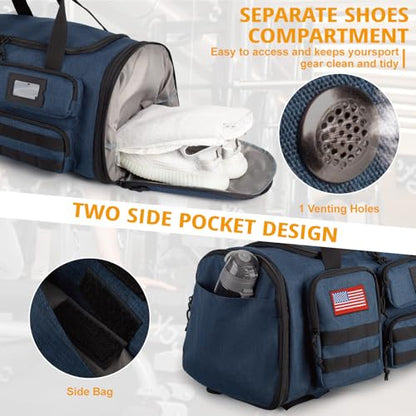 Expandable Gym Bag For Men,Tactical Large 3 in 1 Sports Duffle Bag With Shoes Compartment,Water Resistant Sports Gym Tote Bags Multi-functional Weekend Travel Backpack Overnight Bag - color: Blue