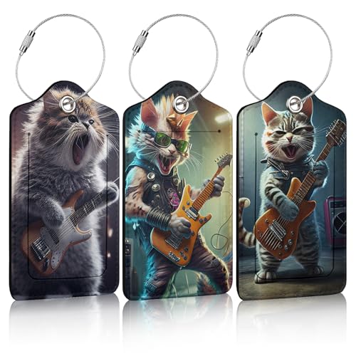 3 Pack Funny Guitar Cat Luggage Tags for Suitcase Animal PU Leather Travel Luggage Tag Privacy Cover ID Label for Women Men Baggage Backpack Handbag School Bag - color: Guitar Cat