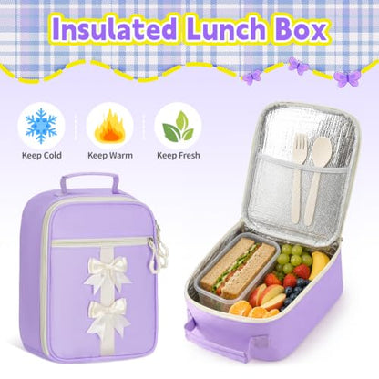 Girls Backpack with Lunch Box Set, 4 PCS Cute Kawaii School Bookbag for Elementary Girls, Purple Aesthetic Large Laptop Backpack for Kids & Teens - color: Purple