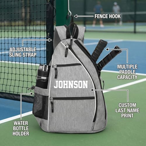 Personalized Pickleball Bag - Custom Paddle Backpack with Name or Logo, Crossbody Reversible Sling for Men & Women with Fence Hook and Water Bottle Holder - color: Gray