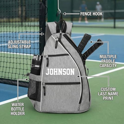 Personalized Pickleball Bag - Custom Paddle Backpack with Name or Logo, Crossbody Reversible Sling for Men & Women with Fence Hook and Water Bottle Holder - color: Gray