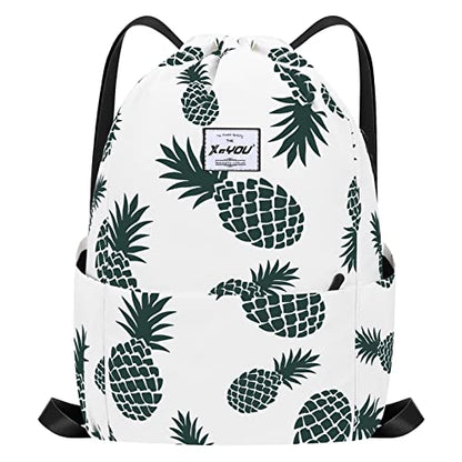 XEYOU Drawstring Sports Backpack Lightweight Gym Yoga Sackpack Shoulder Rucksack Casual Outdoor Daypack for Women and Men | Lightweight - color: Beige Pineapples Pattern
