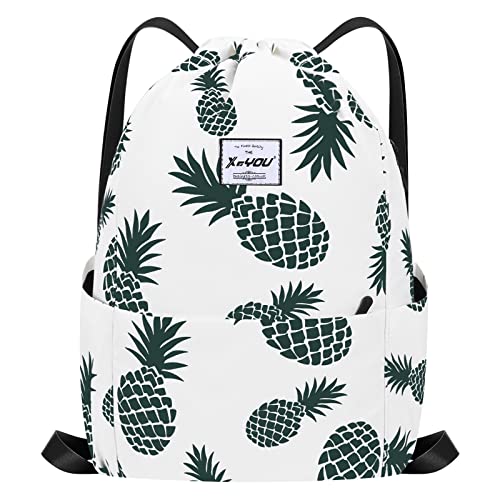 XEYOU Drawstring Sports Backpack Lightweight Gym Yoga Sackpack Shoulder Rucksack Casual Outdoor Daypack for Women and Men | Lightweight - color: Beige Pineapples Pattern