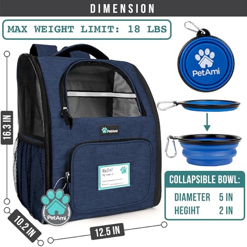 PetAmi Dog Backpack Carrier for Small Medium Dogs Large Cats up to 18 lbs, 2 Side Entry, Structured No-Collapse Frame, Airline Approved Ventilated Pet Backpack for Hiking Camping Travel Vet, Navy - color: Heather Navy