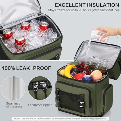 Large Waterproof Insulated Cooler Backpack for Men & Women, Double Decker Leak Proof Cooler Backpack for Beach, Camping, Picnic, Travel, 26L, 44Cans - color: Green