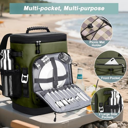 Large 52cans Cooler Backpack, Insulated, Waterproof, Leak Proof, 30L Large Capacity - color: Army Green