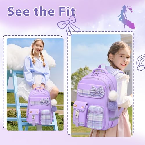 Alrisg Girls School Backpack Preppy Plaid Bookbag Lightweight Backpack for Girls Elementary Middle School Bow Purple - color: Purple, size: 17in