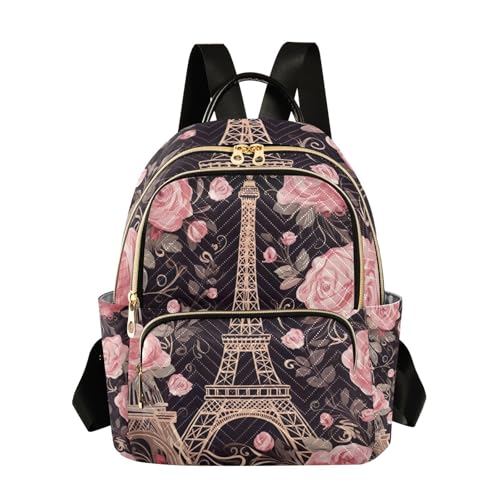 Paris Flowers Eiffel Tower Mini Backpack for Women Quilted Small Backpack Purse Causal Daypack for Travel, M - size: Medium