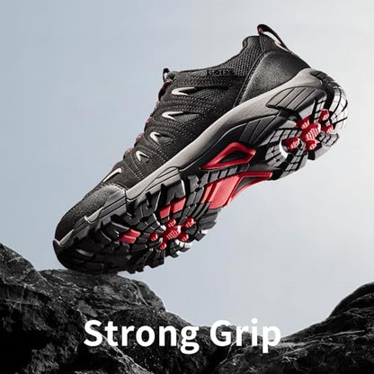 SHULOOK Men's Waterproof Hiking Shoes Lightweight Anti Slip Outdoor Ankle Boots Breathable Hike Trekking Trails Shoe - color: Black/Red, size: 9.5