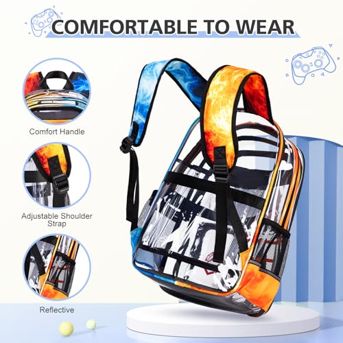 DIGOBAY 3PCS Cool Luminous Clear Backpack for Boys Kids, Gamer Clear Bookbag for School, See Through PVC Transparent Backpacks with Lunch Bag Pencil Case, Backpack Heavy Duty for School Stadium - color: Red-blue Flame