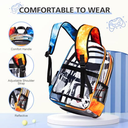 DIGOBAY 3PCS Cool Luminous Clear Backpack for Boys Kids, Gamer Clear Bookbag for School, See Through PVC Transparent Backpacks with Lunch Bag Pencil Case, Backpack Heavy Duty for School Stadium - color: Red-blue Flame