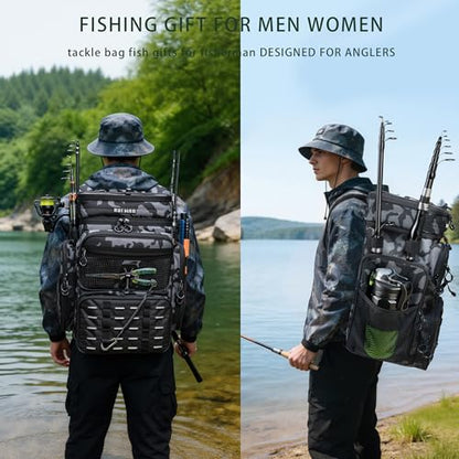Fishing Backpack with Cooler & 4 Rod Holder, Large 45L Tackle Bag Store Fishing Gear Boxes Gifts for Men Woman-Camo Back Pack