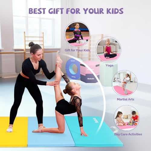 Matladin 8 FT/6FT Folding Gymnastics Gym Exercise Aerobics Mat, PU Leather Tumbling Mats for Stretching Yoga Cheerleading Martial Arts, Play