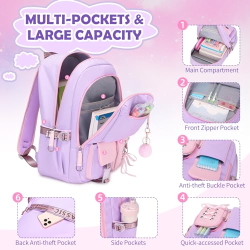 ACESAK Backpacks for Girls, Girls Backpack with Lunch Box and Pencil Case for Teen Kids Elementary Middle High School College Student, Children Backpack Bookbag with USB Charging Port (Pink Purple) - color: Purple & Pink
