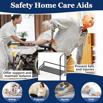 Seniors Assist Step Stool with Support Handrail, Non-Slip Platform, Height Adjustable, Multi-Purpose Household Mobility Foot Stool(Pure Black) - color: Pure Black