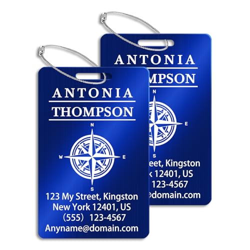 Personalized Metal Luggage Tags (2 Pack), Customizable Icon Text, Laser Engraved Waterproof Durable, for Bags, Backpack Travel, Suitcases (Blue) - color: Horizontal Blue