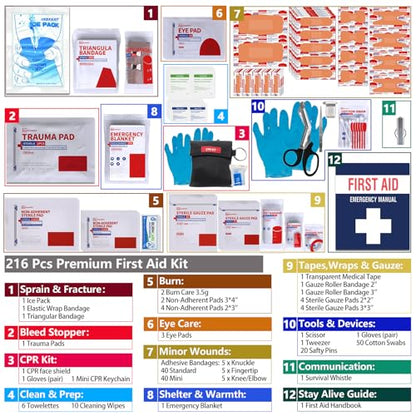 First Aid Kit, Upgrade Trauma First Aid Kit with Labelled Compartments -Emergency Medical Kits with Molle System First Aid Kits for Car, Home, Hiking, Camping and Outdoor Emergencies -216 Pieces - size: Standard Kit