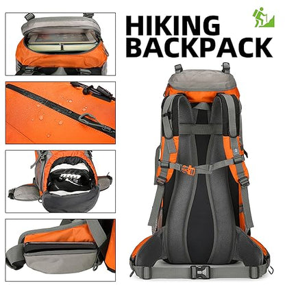 70L Camping Hiking Backpack with Rain Cover Waterproof Backpacking Backpack for Hiking Treeking Climbing Outdoor - color: Orange