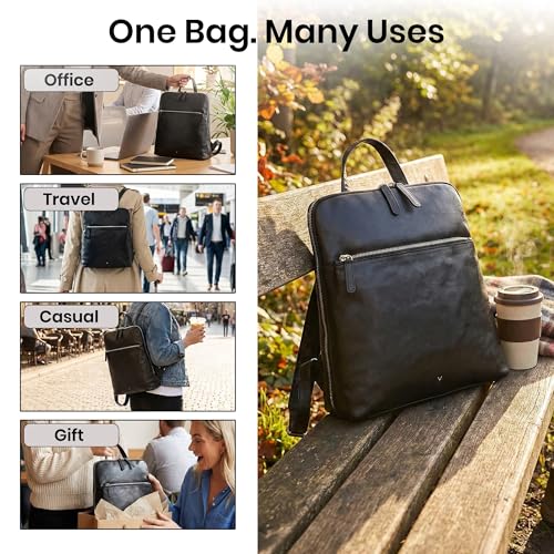 Genuine Leather Backpack for Women - 12.5 Inch with Adjustable Shoulder Strap - Stylish and Durable (Black) - color: Black