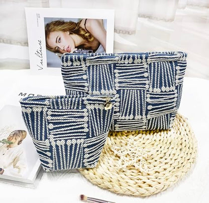 getgto 2 Pcs Makeup Bags, Large Cosmetic Bag Travel Toiletry Bag Organizer for Women, Embroidery Craft, Stripe Makeup Bag Small Cosmetic Pouch Purse with Zipper Gifts for Girls Teen - color: White matches