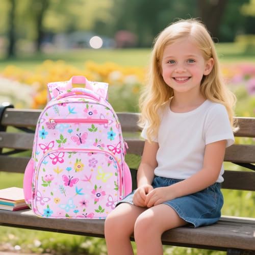 RHCPFOVR Kids Backpack for Girls - Girls Backpack 3-8 Ages Butterfly for Kids 15 Inch School Bookbag for Kindergarten Elementary School Bookbag for Girl 1st 2nd Grade - style: Pink Flowers