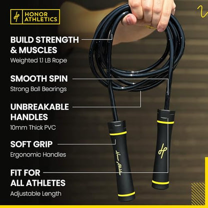 Honor Athletics 3.0 Muay Thai Style Weighted Jump Rope/Crafted for High-Intensity Training/Muay Thai & MMA - Lasting PVC Jump Rope - Heavy 1.1lb PVC Jump Ropes for Fitness - color: Black