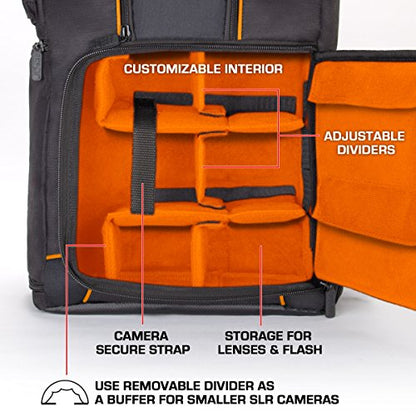 USA Gear Camera Backpack for Photographers DSLR/SLR/Mirrorless Camera Bag with Laptop Slot, Rain Cover, Tripod Holder - color: Orange