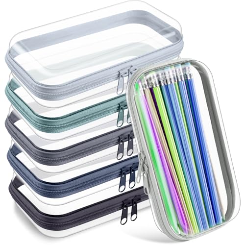 Sanwuta 6 Pcs Clear Hard Zipper Case Plastic Zipper Pouches Transparent Makeup Bag Pencil Case Pouches Toiletry Diaper Bag for Travel Toy Storage Organizer Bins(Blue-green,7.48 x 3.94 x 2 Inch) - color: Blue-green, size: 7.48 x 3.94 x 2 Inch