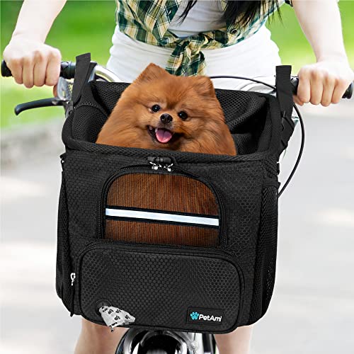 PetAmi Dog Bike Basket, Soft-Sided Ventilated Dog Bike Carrier Backpack, Pet Bicycle Basket for Bike Handlebar, Small Medium Puppy Cat Kitten Car Booster Seat with Safety Strap, Max 18 lbs, Black - color: Black