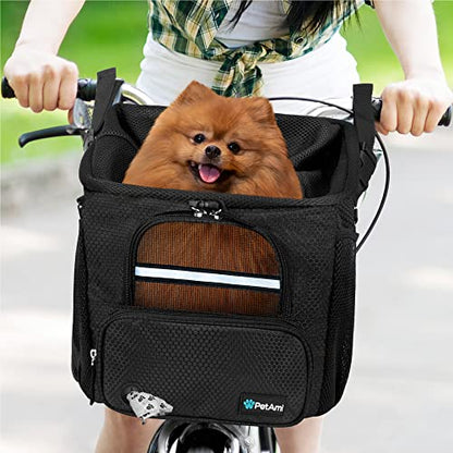 PetAmi Dog Bike Basket, Soft-Sided Ventilated Dog Bike Carrier Backpack, Pet Bicycle Basket for Bike Handlebar, Small Medium Puppy Cat Kitten Car Booster Seat with Safety Strap, Max 18 lbs, Black - color: Black