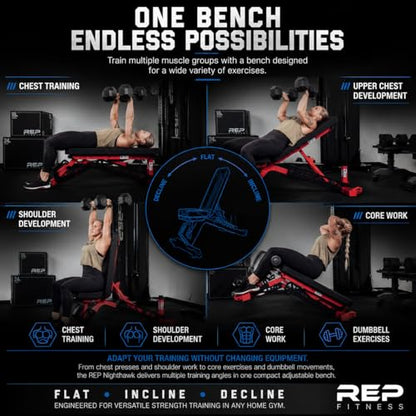 Rep Nighthawk Adjustable Weight Bench | Home Gym Incline Decline Flat Workout Bench | Heavy Duty Fitness and Strength Training Equipment | Foldable Space Saving Design - color: Red