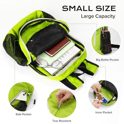 VPBAGE 15L Water-resistant Hiking Daypack, Small Backpack Travel Outdoor, Lightweight Day Pack with Tool Loops - color: Fluorescent Green
