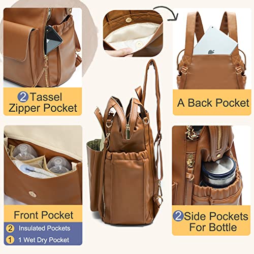 miss fong Diaper Bag Backpack Baby Diaper Bag for Girls and Boys, Leather Purse with 13 Pockets Diaper Bag Organizer,Changing Pad,Stroller Straps,4 Insulated Pockets - color: Brown