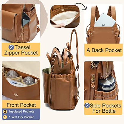 miss fong Diaper Bag Backpack Baby Diaper Bag for Girls and Boys, Leather Purse with 13 Pockets Diaper Bag Organizer,Changing Pad,Stroller Straps,4 Insulated Pockets - color: Brown