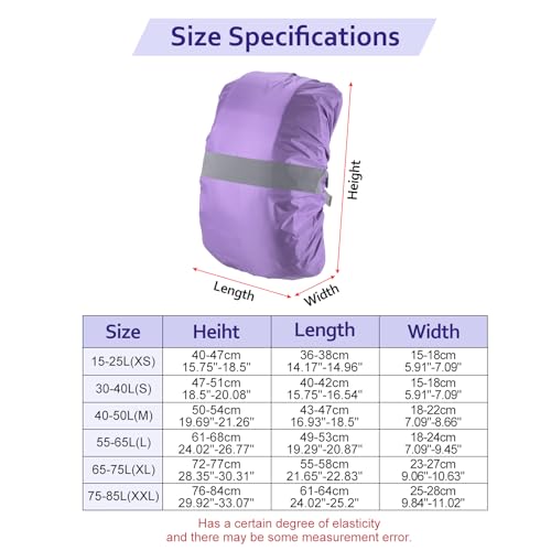 Waterproof Backpack Rain Cover - Non Slip Bag Cap with Vertical Reflector Strap Keep Drying Water Proof for Climbing - 15-25L - Purple - XS Size