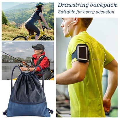Drawstring Backpack Bag, Waterproof Draw String Back Sack with Zip Pocket, Gym Drawstring Bags Swim Bag for Men Women - color: Navy Blue, Upgraded