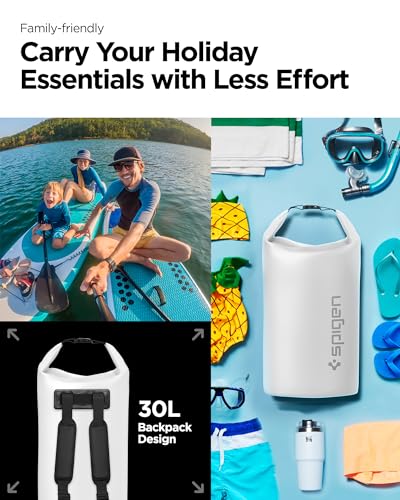 Spigen for Waterproof Backpack IPX6, 35L Roll Top Travel Rucksack Fits up to 16 Inch Laptop, Multi-Compartment Bag Ventilated Back, Chest Strap Hiking, Camping, Swimming, Canoeing, Fishing - color: Snow White (A631 30L)